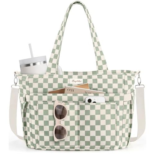 Bagstellar Corduroy Tote Bag for Women, 17 Pockets Laptop Work Tote Purse | Large 15.6” Computer Bag w/ 40oz Cup Holder & Strap, Zipper Teacher Nurse Bible Shoulder Bag for School Travel College Office