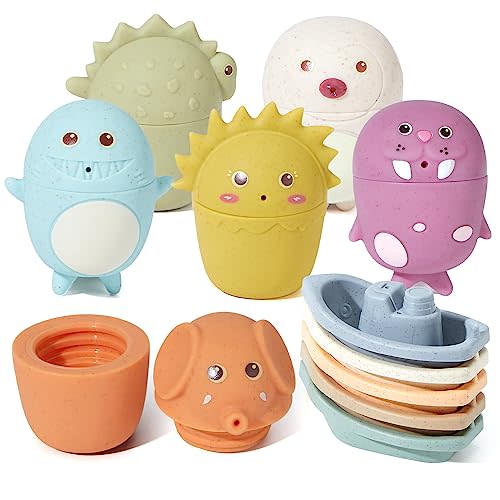 AMCHSURI Baby Bath Toys | 11PCS Mold-Free Stacking Boats & Animal Squirters | Sensory Bathtub Toys for Babies 6-12M & Toddlers 1-3Y | Water Table Pool Toys Educational Gift