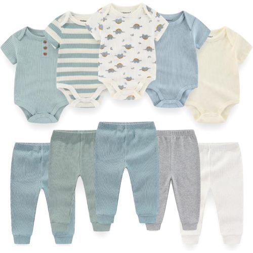 BIGBIGKISS Baby Bodysuit and Pant Set 10Pcs Baby Boy Girl Clothes Outfits