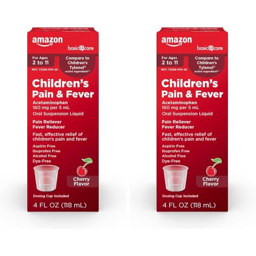 Amazon Basic Care Children's Pain Reliever & Fever Reducer, Acetaminophen 160 mg per 5 mL Oral Suspension Liquid, Dye-Free Cherry Flavor, 4 fl oz (Pack of 2)