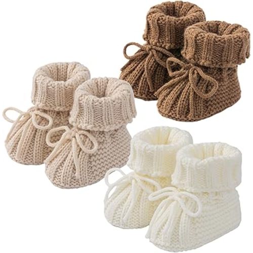 Baby Booties Newborn Soft Knit Sock Shoes for 0-6 Months Infant Girl Boy First Walking 3 Packs