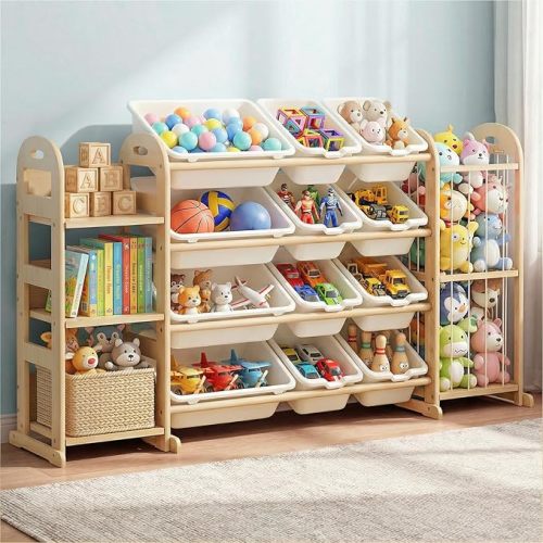 Kids Toy Storage Organizer, Toy Organizers and Storage with Stuffed Animal Storage, Toy Storage Shelf with 3 Shelves, 12 Storage Bins, Kids Bookshelf, Toy Holder for Playrooms, Bedrooms, White