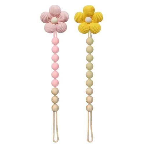 2Pcs Flower Pacifier Clip, 100% Food-Grade Silicone Pacifier Clip with Soft Fabric Daisy, Secure One-Piece Design, Easy to Clean, Baby Shower Gift for Girls Boys