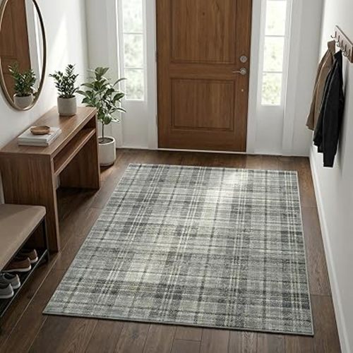 Washable Rug 4x6 Plaid Rugs for Bedroom Vintage Non-Shedding Neutral Floor Mat Indoor Soft Non Slip Carpet Low Pile Foldable Thin Rugs for Living Room Dining Nursery Office Grayish Green
