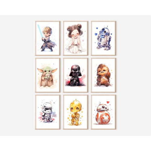 9 Nursery Star Wars Wall Decor - Chibi Poster Set, Wall Decoration, Movie Posters, Baby Star Wars, Prints for Kids, Party Decor, Birthday