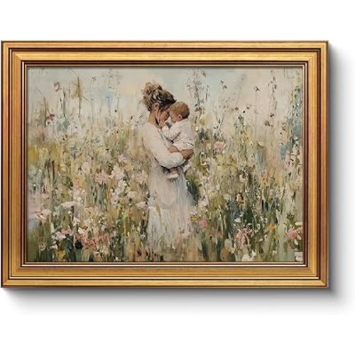 Vintage Gold Frame Mom Holding Baby Canvas Print 12x16 Wall Art, Impressionist Framed Motherhood Oil Painting Artwork, Celebrate Emotional Mother’s Day Gift Nursery Child Room Wall Décor