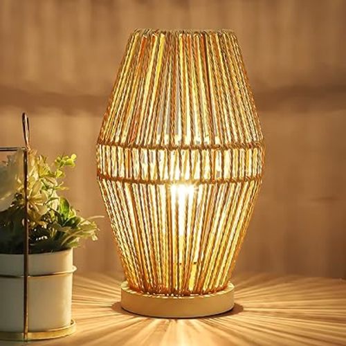 Capslpad Dimmable Boho Table Lamps for Bedroom Small Natural Woven Desk Lamp Rattan Bedside Lamp Nightstand Lamp for Bedroom,Living Room,Kids Room, Bathroom,Nursery Room Decor