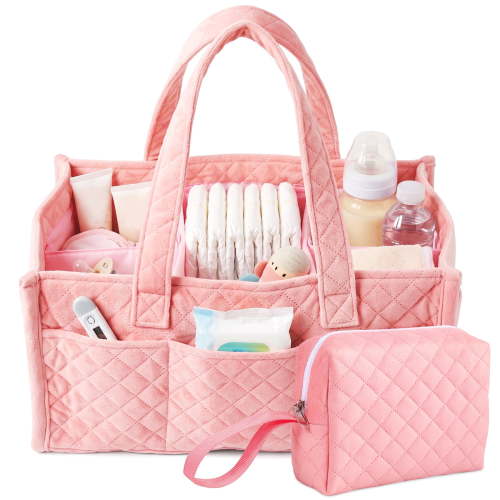 Baby Diaper Caddy Organizer, Quilted Nursery Storage Basket for Newborn Essentials and Diaper Changing Station, Gift for Baby Shower and Registry Must-Have,Pink