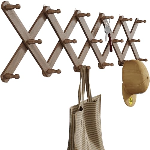 OROPY Wood Accordion Wall Hanger, Expandable Coat Rack Wall Mount with 17 Pegs, Expanding Hat Rack for Wall Walnut Color