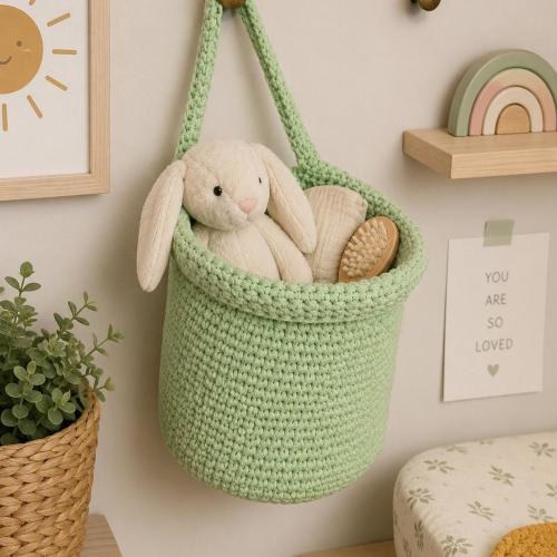 Handmade Cotton Ribbon Hanging Basket, Crochet Nursery Decor, Kids Room Toy Storasge, Wall Storage Basket,  Boho Bathroom Organizer