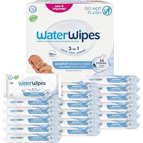 WaterWipes Sensitive+ Newborn & Baby Wipes, 3-In-1 Cleans, Cares, Protects, 99.9% Water, Unscented & Hypoallergenic, 1080 Count (18 Packs)