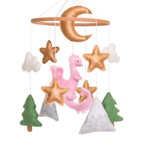 Dragon Baby Mobile, Forest Mobile for Crib, Pink Crib Mobile Girls, Nursery Mobile for Bassinet, Pack and Play, Moon, Pink Dragon, Cloud, Star, Mountain, Tree