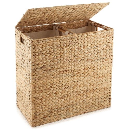 Casafield 2-Section Laundry Hamper with Lid and Removable Liner Bags - Natural, Woven Water Hyacinth Laundry Basket Sorter for Clothes