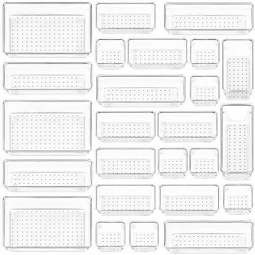 25 PCS Clear Plastic Drawer Organizers Set, 4-Size Versatile Bathroom and Vanity Drawer Organizer Trays, Storage Bins for Makeup, Bedroom, Kitchen Gadgets Utensils and Office