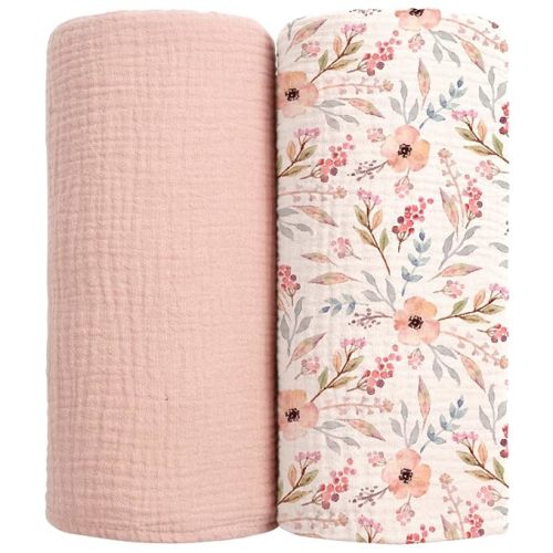 lulumoon Muslin Swaddle Blankets for Baby: Soft Cotton Newborn Receiving Blankets - Floral Print Nursery Gift Set for Baby Girls(Pink Flower)