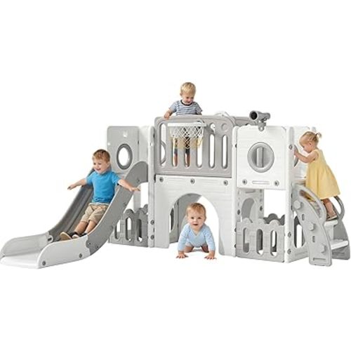 9 in 1 Toddler Slide Set, Kids Large Climber Slide Playset w/Long Slope, Telescope, Storage Space, Enclosed Steps, Indoor Outdoor Playground (White & Gray)