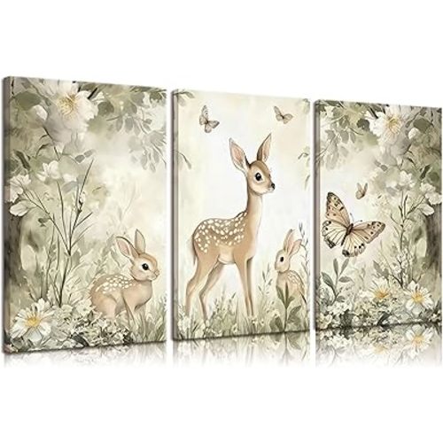 3Pcs Woodland Animal Nursery Canvas Wall Art Cute Forest Animal Wall Decor Pictures Deer and Butterfly Wildflowers Posters Prints for Nursery Bedroom Kids Room Home Decoration Prepare to Hang 12X16in