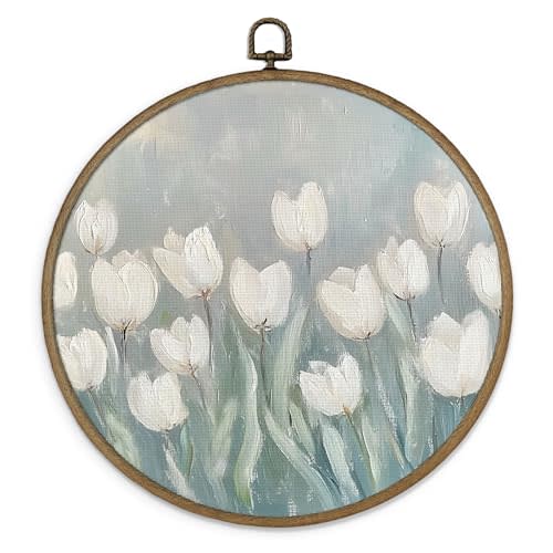 MAQIKA Vintage Tulip Floral Framed Wall Art Decor, Spring Floral Round Wall Hanging Decor, Cottagecore Flower Botanical Canvas Prints Wall Art for Home Bedroom Living Room Gallery, 10x10 Inch