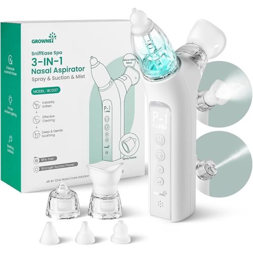 GROWNSY SniffEase 3-in-1 Baby Nasal Aspirator – Spray, Suction & Mist, Grey | Hospital-Grade Nose Suction Clears Fast, Soothing Light & Music, Large Chamber Cuts Frequent Emptying, Easy to Clean