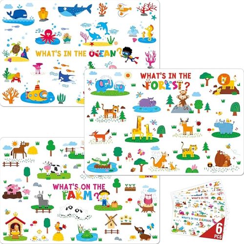 6 Pack Placemats for Kids, Non-Slip Washable, Reusable Placemat - Dinosaur, Farm/Wild/Marine Animals, Construction Site, Universe, Educational Placemats for Home, Kindergarten, Classroom, Nursery