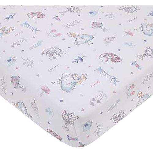 Disney Alice in Wonderland Light Blue, Pink, and White, Rabbit, and Cheshire Cat Super Soft Nursery Fitted Crib Sheet
