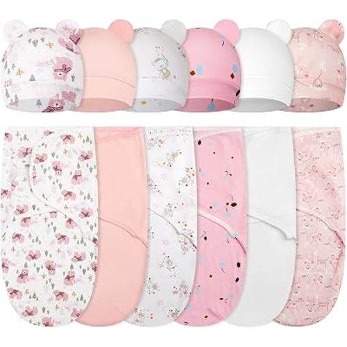 Ramede 6 Pack Baby Swaddle Blankets with Hats,Bear,Pink
