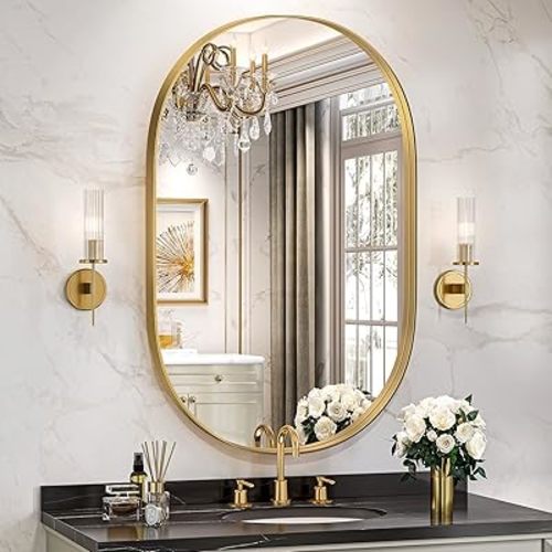 Brightify Gold Oval Mirror for Wall 24x36 Inch, Bathroom Vanity Mirrors Gold Metal Framed, Modern Mirror for Bedroom Living Room Wall Decorative Hang Vertical and Horizontal