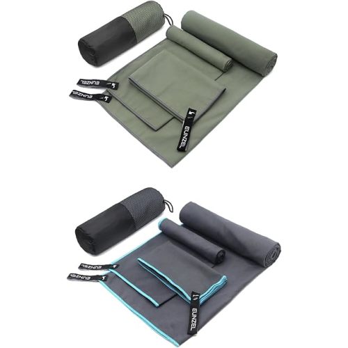 Eunzel 2 Pack Quick Dry Camping Towel, Microfiber Travel Towel 3 Size at 1 Pack,Fast Drying Towel Set for Camping, Beach, Gym, Sports, Yoga & Swimming Pool, Army Green/Grey