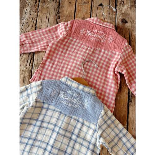 Howdy Embroidered Western Pearl Snap Shirt, Blue Plaid