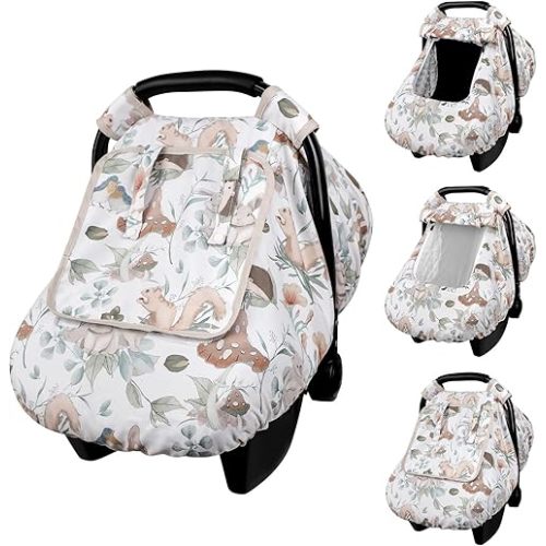 Car Seat Cover Baby Girl Boy, Warm Winter Carseat Cover for Baby, Kick-Proof Infant Car Seat Cover with Peep Window, Windproof & Cozy, Gray Animals