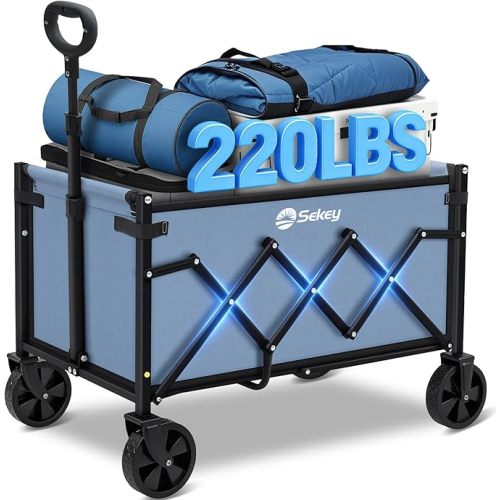 Sekey Wagon Cart with Wheels with 220LBS Capacity,Heavy Duty Wagon Carts Foldable,Lightweight Utility Portable Cart for Grocery, Shopping, Garden, Camping. Blue