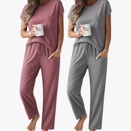 Ekouaer 2 Packs Pajamas for Women Set Cap Sleeve Top and Pants Soft Sleepwear Comfy Pjs Set with Pockets Lounge Set