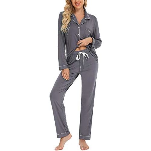 Anjue Pajamas for Women Soft Button Up Pajama Set Long Sleeve Shirt and Pajama Pants Lounge Sets S-XXL