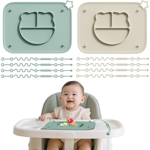 2 Pack Silicone Baby Placemats with Non-Slip Strong Suction Base and Anti-Drop 8 Stretchable Straps, BPA Free Food Grade Silicone Table Mats for Babies Toddlers, High Chair, Dining Tables, Begie+Green