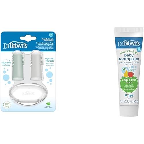 Dr. Brown's Silicone Finger Toothbrush for Baby with Travel-Storage Case, 3m+, Gray and Light Green, 2-Pack & Fluoride-Free Baby Toothpaste, Safe to Swallow, Apple Pear, 1-Pack, 1.4oz/40g, 0-3 Years