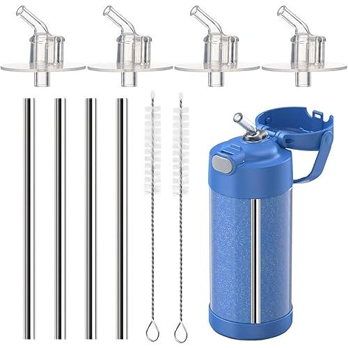 Metal Straws Replacement for Thermos Funtainer 12 oz Bottle, 4 PCS Reusable Stainless Steel Straw with Cleaning Brushes, Water Bottle Lid Replacement Parts Compatible with Thermos F401, F410 Models