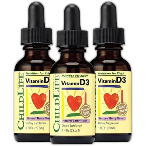 CHILDLIFE ESSENTIALS Baby Vitamin D3 Drops - for Infants, Children, & Toddlers, Vitamin D Drops, 500 IU per Serving, Immune & Bone Health Support, Natural Berry Flavor - 1 Fl Oz (Pack of 3)