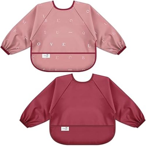 BebeBiu Long Sleeve Baby Bib, Waterproof Fabric, Catch-All Pocket, Baby Smock Bib, Adjustable Sleeves