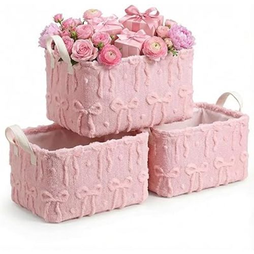 Kathfly 3 Pcs Bow Foldable Storage Baskets Plush Faux Fur Jacquard Design Laundry Basket with Handles Waterproof Storage Bins Fabric Shelf Baskets for Organizing Closet Clothes