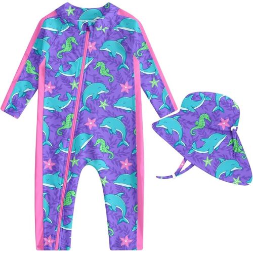 UNIFACO Baby Swimsuit UPF 50+ Sun Protection One Piece Zip Bathing Suit with Sun Hat Infant Sunsuit Swimwear