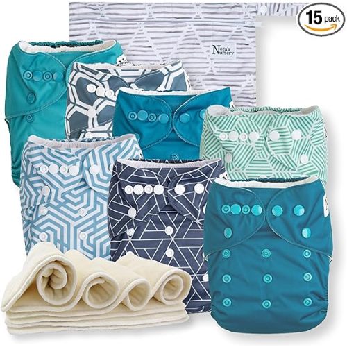 Nora's Nursery Cloth Diapers 7 Pack with 7 Inserts & 1 Wet Bag - Waterproof Cover,Washable, Reusable & One Size Adjustable Pocket Diapers for Newborns and Toddlers-Dimensional Blues