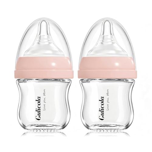 Gulicola Small Glass Baby Bottle for Newborn Breastfeeding Babies, Preemie & Extra Slow Flow Nipples (SS), Anti-Colic, Breast-Like, 0 Months+, 3 oz, 2 Pack - Pink