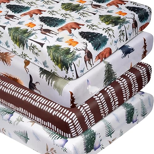 Baby Crib Sheets Set of 4, Crib Mattress Sheet, 52 x 28 Inch, Bears and Jungle