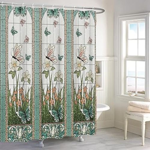 Green Garden Shower Curtain, Colorful Butterfly Floral Shower Curtain Set for Bathroom, Modern Design Plant Fabric Bath Curtain with Hooks, 72x72in