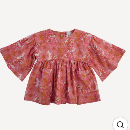 bell sleeve gathered tunic | pink 70s daisy | organic cotton gauze