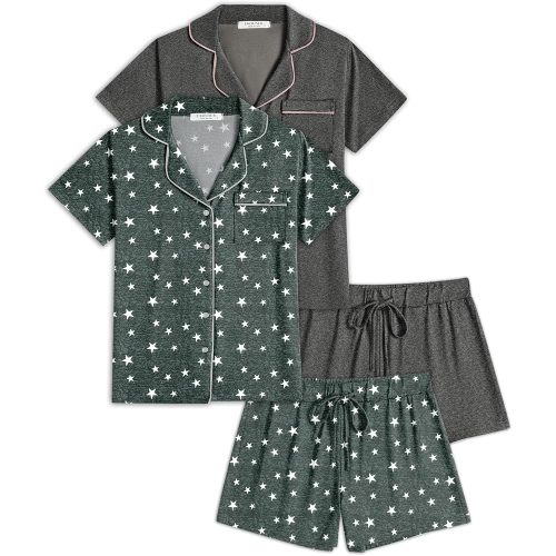 Ekouaer Womens Pajamas Set 2 Pack Button Down Summer Short Sleeve Pjs S-XXL