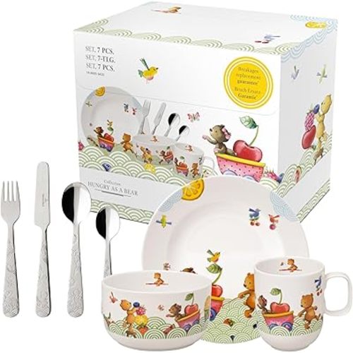 Villeroy & Boch Hungry as a Bear Children's Table Set, 7-Pieces, Premium Porcelain/Stainless Steel, White/Coloured