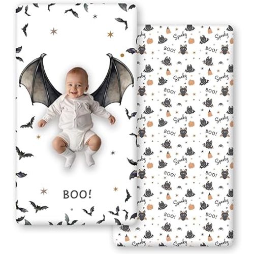 Horaldaily 2 Pack Fitted Crib Sheet for Boys Girls,Soft Breathable Washable Jersey Microfiber Baby Crib Sheet, Fits Standard Size Crib Mattress 28in x 52in, Bats Pumpkin Nursery Sheet Sage Black/White