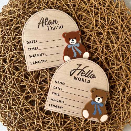 Personalized Baby Birth Announcement Sign, Wooden Newborn Stats Plaque, Custom Hello World Baby Name Sign, Little Bear Baby Sign
