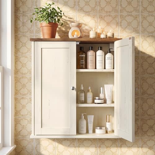 VASAGLE Wall Mounted Cabinet, Bathroom Storage, 2 Doors, Adjustable Shelves | Medicine Cabinet, 22 x 7.9 x 23.6 inch, farmhouse, for Kitchen, Living Room, Rustic White, SIREN Collection UBBK330WJ01S
